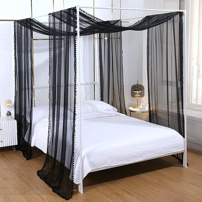 Akiky Pom Pom Canopy Bed Curtains Princess Bed Canopy Scarf for Full/Queen Metal Bed Frame,Wood Frame Bed-2 Panel Sheer Canopy Curtain(Black)