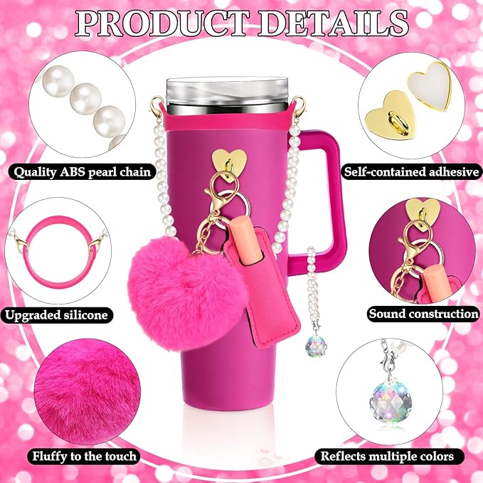 Water Bottle Accessories Set with Silicone Water Bottle Handle with Strap Hanging Charms Compatible with Stanley Cup(Rose Red)