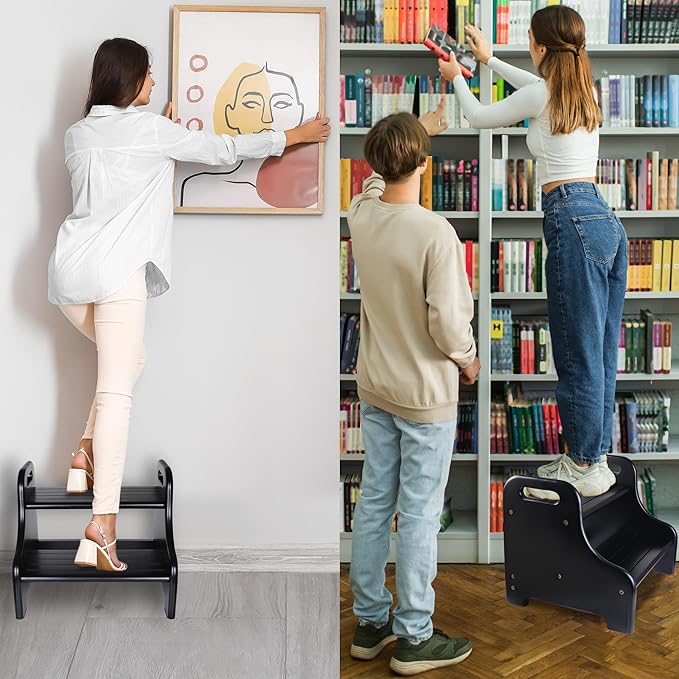 Acacia 2-Step Stool for Kid, Toddler Wood Step Ladder with 2 Handles, Safe Non-Slip Bottom, Rounded Corners, Supports up to 300 lbs, Perfect for Bathroom Bedroom (Black)