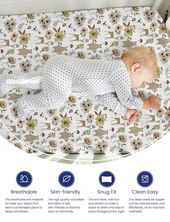 TotAha Premium Soft Pack n Play Sheets, Super Stretchy Jersey Knit Mini Crib Sheets Fitted, Silky Comfort Pack and Play Sheets Fitted, 2 Pack (Botanical Garden & Cute Bear)