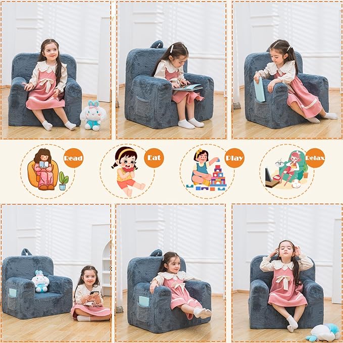 Snuggly-Soft Cuddly Toddler Plush Armchair for Boys and Girls Fuzzy Plush Kids Sofa Couch Reading Chair with Children Friendly Handle for Easy Movement & Double Pockets for Storage, Dark Grey