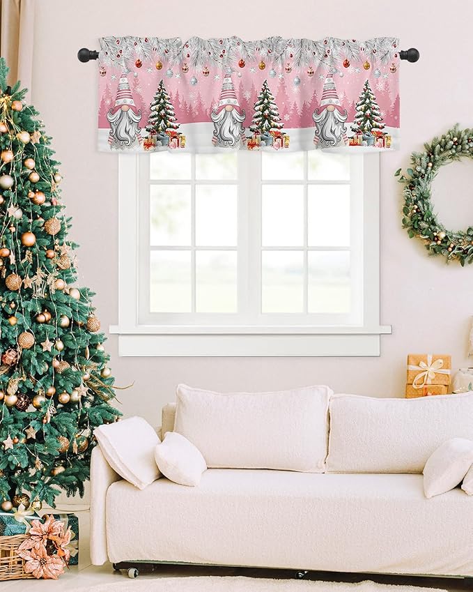 Christmas Gnome Valance Curtains for Kitchen Windows Winter Merry Christmas Tree Balls Rod Pocket Window Treatment Toppers for Kitchen/Living Room/Bedroom/Bathroom, 60" X 18", Pink