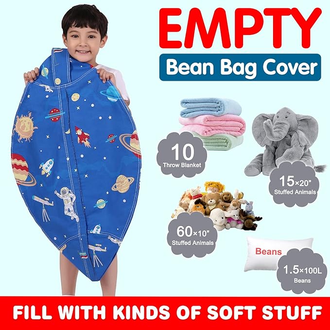 Lukeight Stuffed Animal Storage Bean Bag Chair Cover for Kids, Zipper Beanbag Chair Cover for Organizing Toddler and Kids' Rooms Plush Toys (Outer Space, Large)