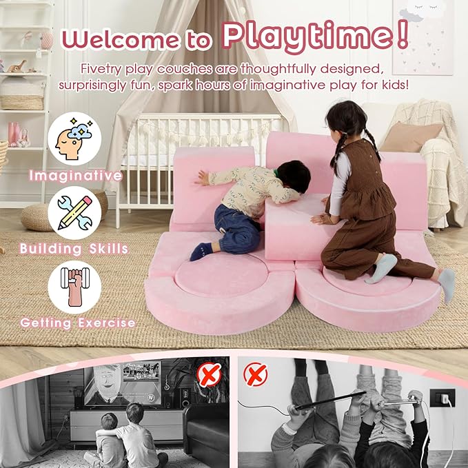 Modular Kids Sofa Play Couch, 12-Piece Kids Couch Sectional Sofa for Playroom Fort Buliding, 3S Instant Rebound and Fully Expand, Versatile Kids Play Couch for Toddler to Teen