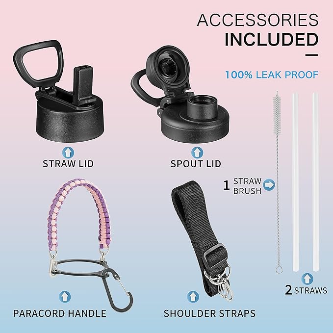 32 oz Insulated Water Bottle with Paracord Handles & Strap, 2 Lids(Straw Lid&Spout Lid), Stainless Steel Reusable Wide Mouth Metal Water Bottle With Straw, Double Walled, Thermo Mug（Tropical Fruit)