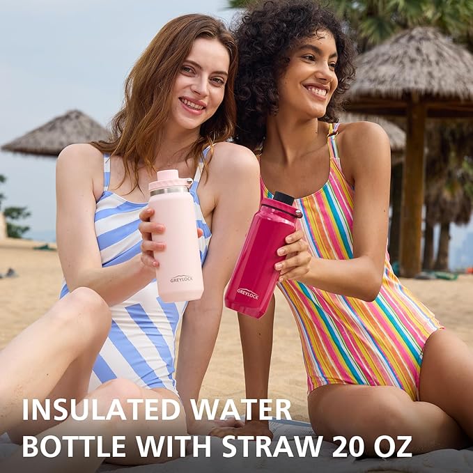 Greylock 20 oz Insulated Stainless Steel Water Bottle with Straw Lid- BPA-Free Leak Proof When Closed, Reusable Metal Water Bottle with Carry Handle for Travel Camping, 24 Hours Cold (Raspberryridge)