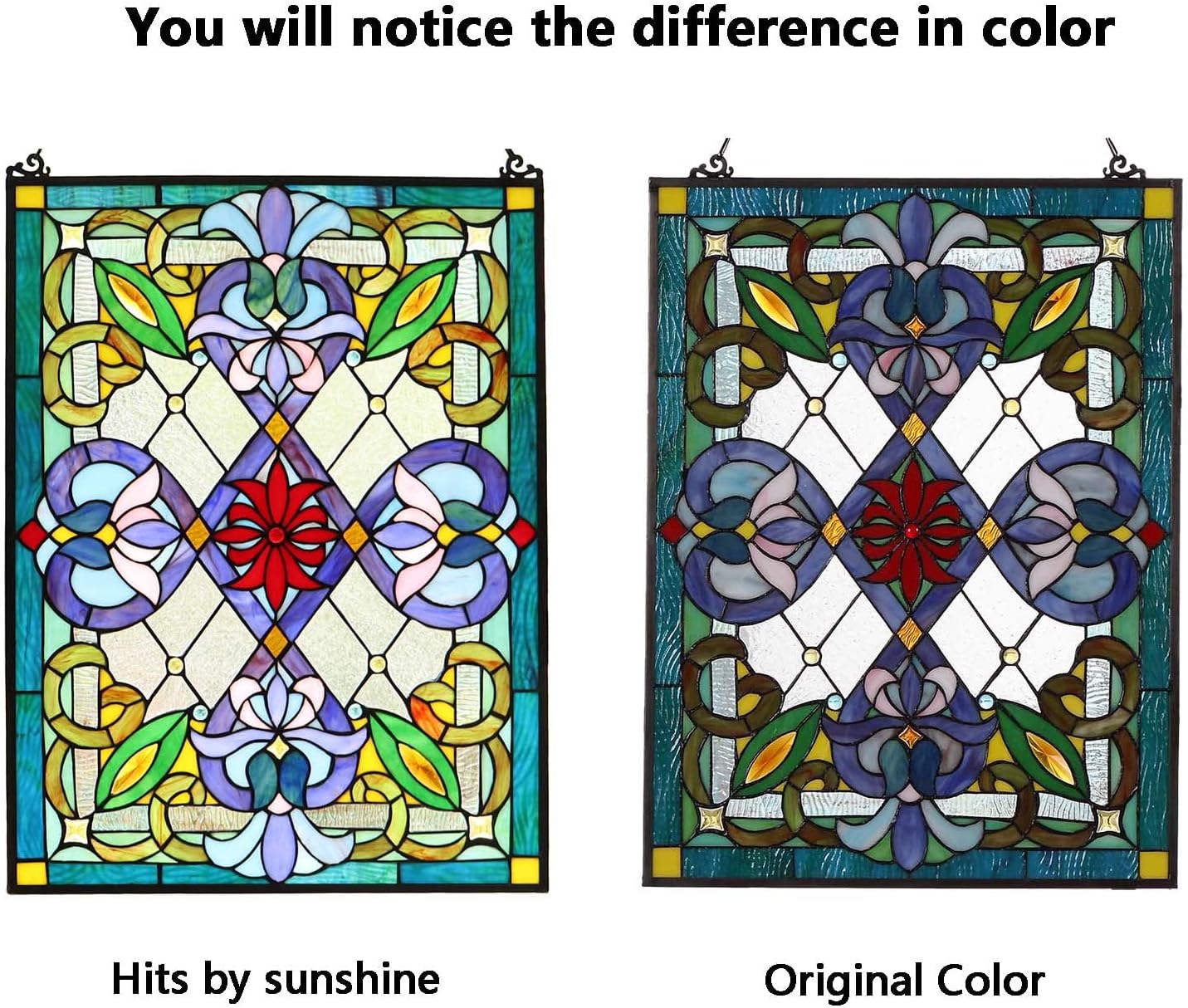 Bieye W10028 Victorian Tiffany Style Stained Glass Window Panel with Chain, Rectangular Shape, 18" W x 25" H