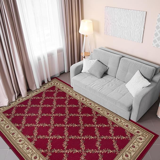 Ottomanson Machine Washable Trellis Design Non-Slip Rubberback 5x7 Modern Area Rug for Living Room, Bedroom, Dining Room, Office, 5' x 6'6", Red Trellis