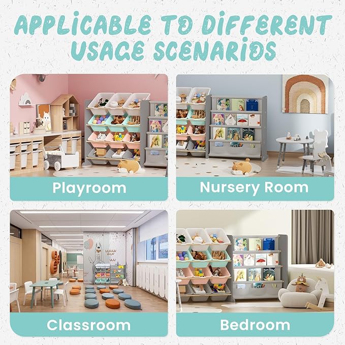Kids Toy Storage Organizer - Toy Organizer with Kids Bookshelf, Toy Storage with 12 Toy Multi-Color Bins and 4 Book Shelves, Toy Organizers and Storage for Playroom, Nursery, Kids Room, Grey