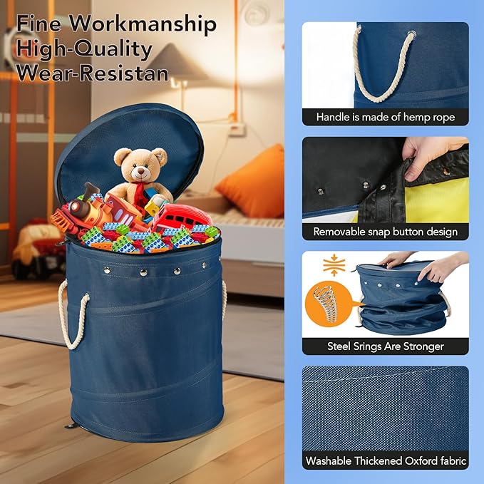 Toy Storage Basket + Play Mat for Kids Toy Chest Organizer Kids Toy Storage Organizer Foldable Big Storage Bins with Lids Large Toy Box for Boys Girls Toy Holders for Kids Rooms Nursery (Blue)