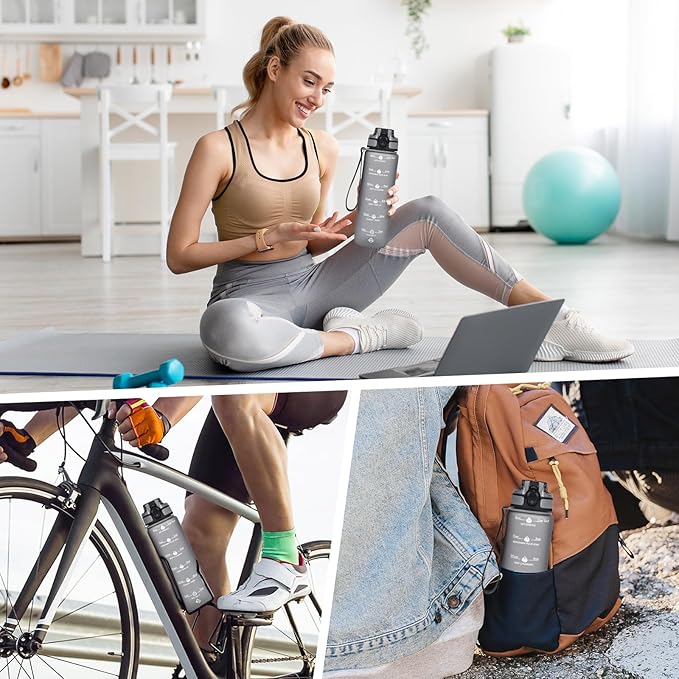 GOSWAG Water Bottles, 32 oz Motivational Sports Water Bottle with Straw and Time Marker to Remind You to Drink, Comes with Carry Strap, Leakproof