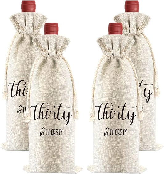 PLIGREAT 4 Pcs Cotton Linen Wine Bags, Reusable Wine Gift Bags with Drawstrings, Wine Bottle Wrap Bags Bulk Congrats Gifts Bags for 30th Birthday Party Thanksgiving Christmas Gifts Bags
