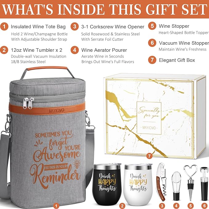 Birthday Gifts for Women Men - Inspirational Gifts For Women, Best Friend, Graduation, Wine Lovers, Mothers Day Gifts For Mom - Insulated Wine Tote Bag Wine Carrier with Tumblers and Wine Accessories