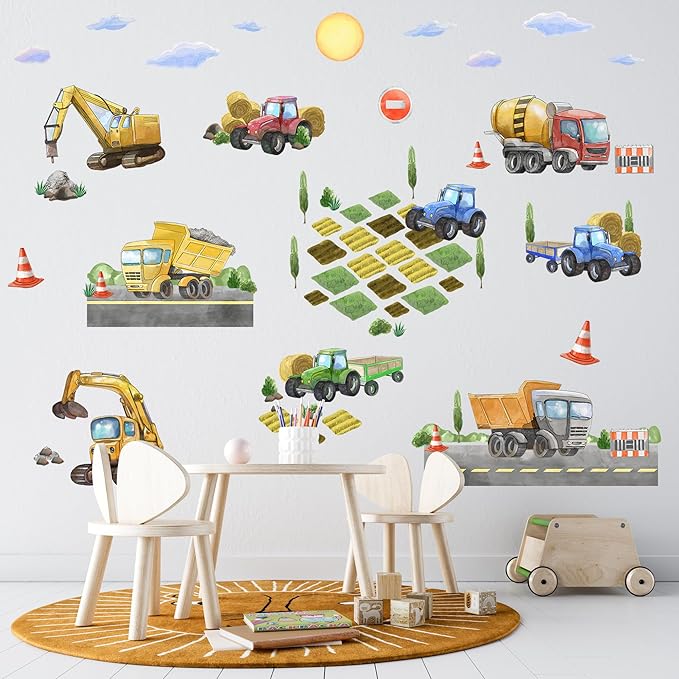 Large Car Wall Decals for Kids by Lipastick - 58 pcs Transports Wall Stickers Peel and Stick Truck Stickers – Construction Cars Wall Decal - Tractor Excavator City Nursery Playroom Wall Décor XXL Size