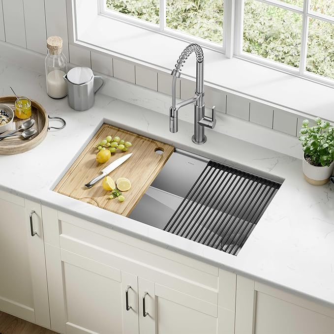 Kraus KWU110-32 Kore inch Undermount 16 Gauge Single Bowl Stainless Steel Kitchen Integrated Ledge and Accessories (Pack of 5), 32 Inch, 32"-Workstation Sink