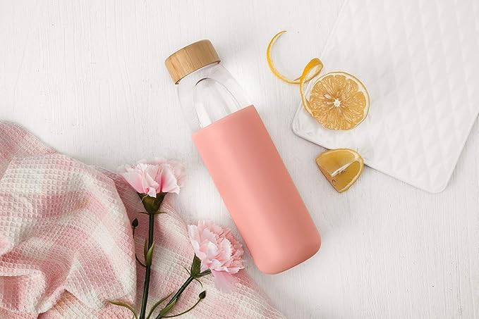 veegoal Glass Water Bottles 18 Oz Borosilicate with Bamboo Lid, BPA-FREE, Non-Slip Silicone Sleeve, and Stainless Steel Leak Proof Lid - Glass Water Bottle for Men and Women