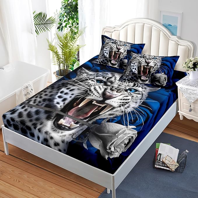 AILONEN Leopard Fitted Sheet Set Full Size, Roaring Cheetah Print Bed Sheet Set,Blue Rose Bedding Grey Leopard Sheet Set,Wildlife Bed Sheet Set Animal Themed Fitted Sheet and 2 Pillowcases,3 Pieces