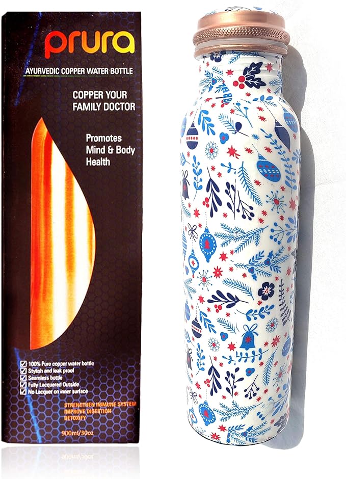 Pure Printed Copper Water Bottle - Leak Proof Ayurvedic Drinkware Copper Vessel for Sports, Gym, Outdoors, Yoga, Health Benefits (30 oz)