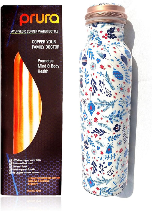 Pure Printed Copper Water Bottle - Leak Proof Ayurvedic Drinkware Copper Vessel for Sports, Gym, Outdoors, Yoga, Health Benefits (30 oz)