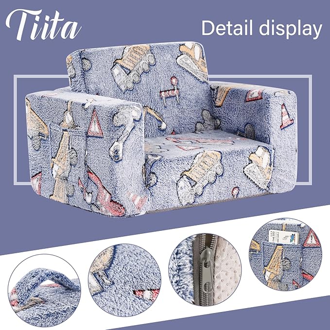 Tiita Kids Chair Couch, Folding Toddler Comfy Sofa Chairs, 2-in-1 Kids Plush Sofa Fold Out, Baby Armrest Chair Sofa to Lounger, Convertible Play Sofas to Bed for Girl or Boy, Vehicles