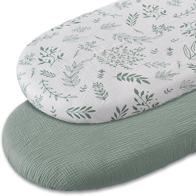 Muslin Bassinet Sheets 2 Pack for Baby Boy and Girl, Breathable Elastic Cozy Fitted Cotton Bassinet Mattress Sheet, Universal Fit for Hourglass Oval and Rectangle Bassinet Mattress (Natural Leaves)