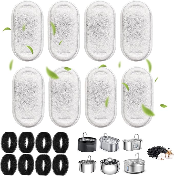 Cat Water Fountain Filters, 16 Pack Replacement Files for 67oz/2L&108oz/3.2L Stainless Steel Pet Water Fountain Cat Water Fountain Dog Water Dispenser, 8 Filters&8 Sponges