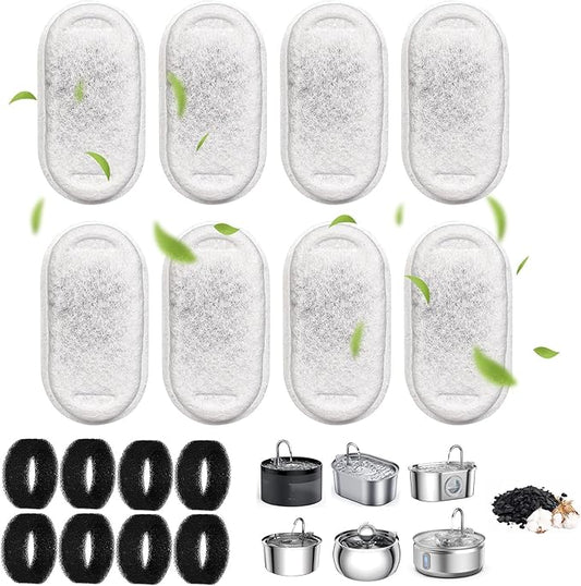 Cat Water Fountain Filters, 16 Pack Replacement Files for 67oz/2L&108oz/3.2L Stainless Steel Pet Water Fountain Cat Water Fountain Dog Water Dispenser, 8 Filters&8 Sponges