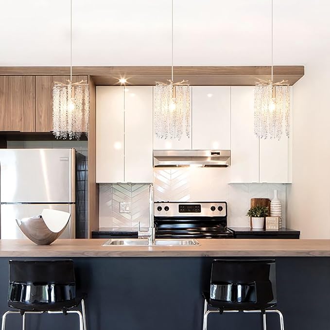 MO&OK Plug in Crystal Chandelier 3 Light with 15Ft Cord Modern Pendant Light for Bedroom Mini Antler Hanging Lamp for Kitchen Island Dinning Bedrooms and Hallway