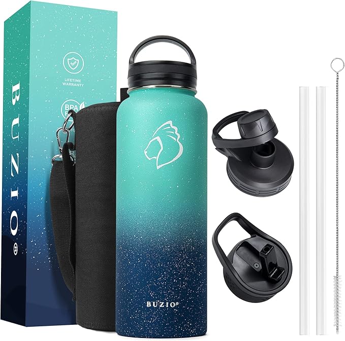BUZIO Water Bottle with Straw lid, Spout Lid, Hand Lid and Carrying Pouch, 32oz 40oz 64oz Stainless Steel Water Flask Jug, Cold for 48 Hrs Hot for 24 Hrs Double Vacuum Thermo Canteen Mug, BPA-Free