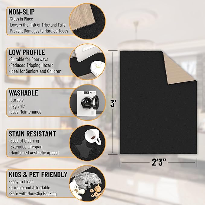 Machine Washable Modern Solid Design Non-Slip Rubberback 2x3 Traditional Area Rug for Entryway, Bedroom, Kitchen, Bathroom, 2'3" x 3', Black