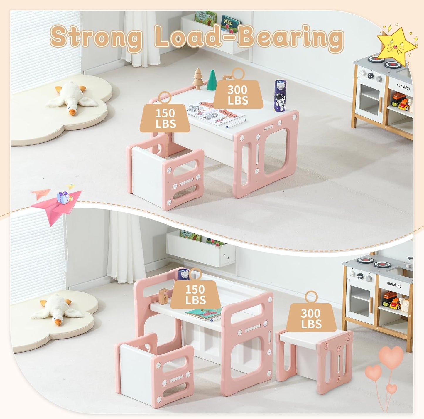 3 in 1 Montessori Weaning Table and 2 Chairs Set, Kids Desk and Chair Set, 2 Height Levels, Toddlers Activity Table for Drawing, Dining, Reading and Playing, Pink