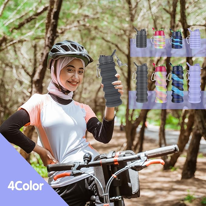 MAQUITA 4 Pcs Collapsible Water Bottles 16 oz Portable Foldable Water Bottles Silicone Leak Proof Travel Water Bottle Reusable Sports Water Bottle with Metal Clip for Camping Hiking Travel