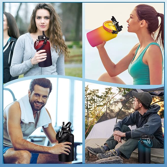 64 oz Insulated Water Bottle with Straw & Auto Spout Lids, Paracord Handle, Half Gallon Waterbottle Strap Carrier & Protective Boot, Wide Mouth Metal Canteen Thermo Mug, Leak-proof Sports Hydro Jug