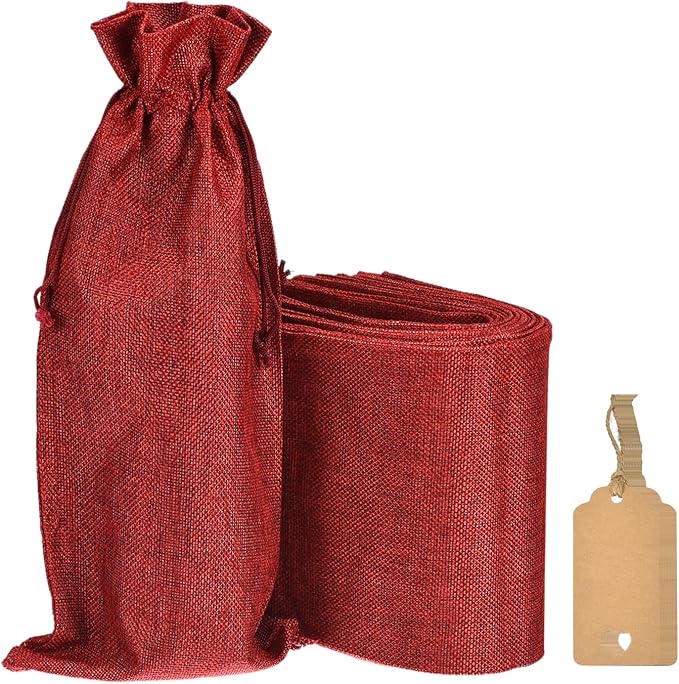 uxcell Burlap Wine Bags with Drawstrings, 12Pcs Wine Gift Bags Reusable Wine Bottle Bags with Ropes and Tags for Wedding, Birthday, Travel (14 x 6.3 In, Wine Red)