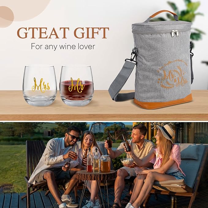 Cool Bridal Shower Gifts,Anniversary Wedding Gifts,Engagement Gifts for Couples 2024,Mr and Mrs Gifts - Insulated Wine Cooler Bag with Wine Glasses,Married Gifts for Newlyweds,Newly Engaged Couples