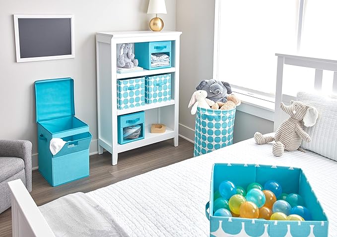 iDesign Dot Fabric Storage Cube Bin, Medium Basket Container with Dual Side Handles for Closet, Bedroom, Toys, Nursery - Teal