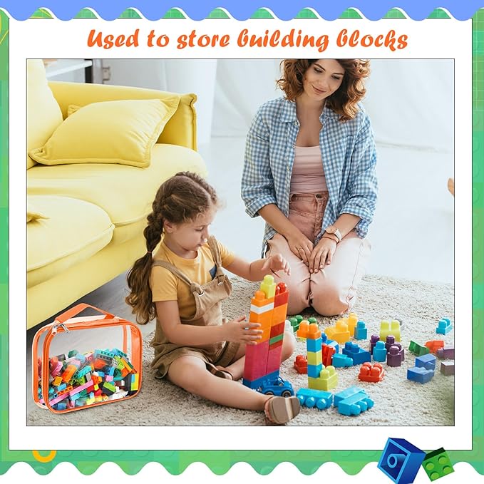 Sanwuta 3 Packs Toy Storage Bags with Zipper, Clear PVC Organizing Bags, Waterproof Toy Bags for Board Games, Building Blocks, Toys and Kids Books (Red, Yellow, Orange,10.24 x 7.09 x 2.36 Inch)