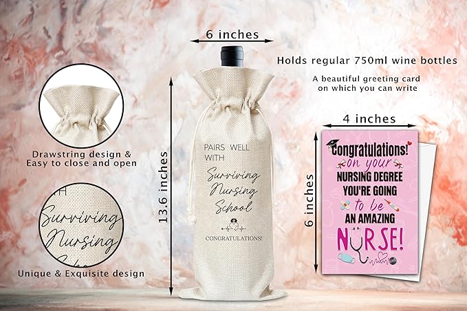Graduation Wine Gifts Bag, Congratulations Nurse Graduate Reusable Wine Bag, Champagne Gifts Bag, Congrats Nurse Gifts For Women Man, Graduation Party Gifts, Burlap Drawstring Wine Bag With Card-20