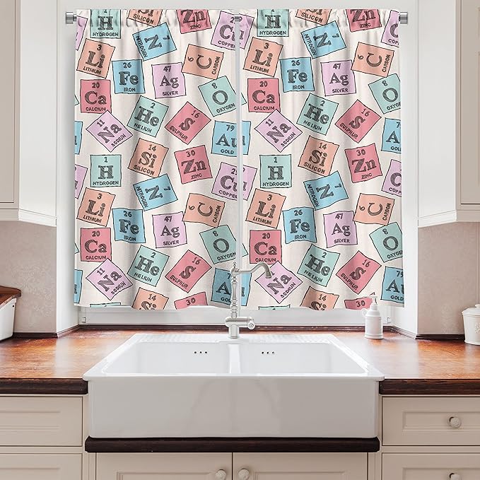 Ambesonne Periodic Table Kitchen Curtains, Sketch Style Chemistry Class Elements Science Camp Art Print, Window Drapes 2 Panel Set for Kitchen Cafe Decor, 55" x 39", Green Pink