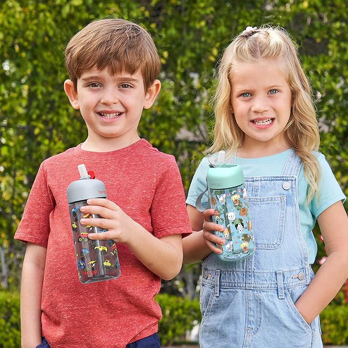 Bentgo Kids Water Bottle - Leak-Proof, Durable Tritan™, BPA-Free 15 oz. Cup for Kids/Toddlers Ages 3+ - Flip-Up Straw & Dishwasher Safe for School, Sports, Daycare & Camp (Trucks)