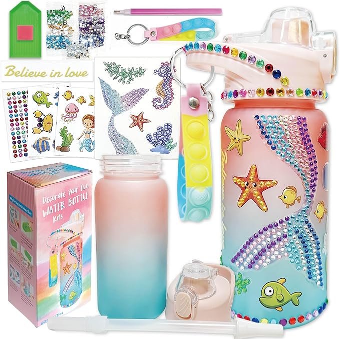 Decorate Your Own Water Bottle Kits,Fun Arts and Crafts Gifts for Girls Age 4-6-8-10,Mermaid Painting Crafts Toys for Girls Birthday