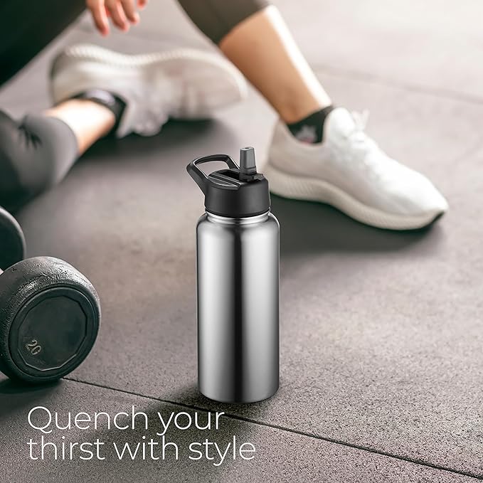 SipX™ Triple-Insulated Stainless Steel Water Bottle 32oz. With 3 Lids, BPA-Free Reusable Insulated Water Bottle Keeps Cold 24 Hours, Metal Water Bottle Made Of Sustainable Material For Hiking & Biking