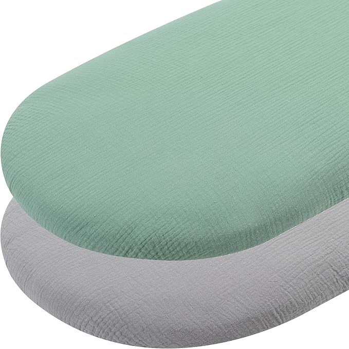 Muslin Bassinet Sheets 30"x 16" Compatible with Fisher-Price Soothing Motions and Dream On Me Lacy Baby Bassinet, 2 Pack 100% Cotton, Grey and Green