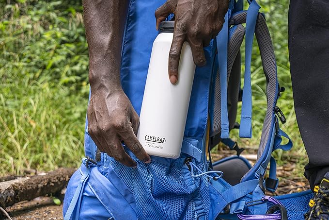 CamelBak eddy+ Water Filter Water Bottle by LifeStraw Integrated 2-Stage Filter Straw - For Hiking, Backpacking, Travel, and Emergency Preparedness - 32oz Vacuum Insulated Stainless Steel, White