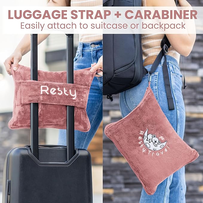 Resty Travel Blanket - Compact Airplane Blanket with Bag - Small and Lightweight Traveling Blanket & Pillow - Portable Blankets with Carabiner for Easy Transport - Plane Train Car (Pink)