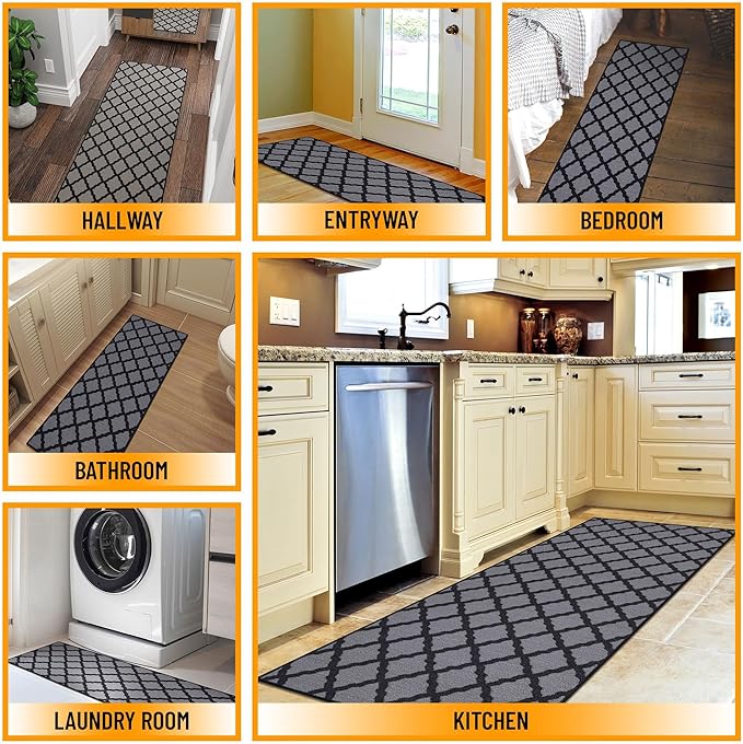 Machine Washable Moroccan Trellis Design Non-Slip Rubberback 2x5 Traditional Indoor Runner Rug for Hallway, Kitchen, Bedroom, Entryway, 20" x 59", Dark Gray