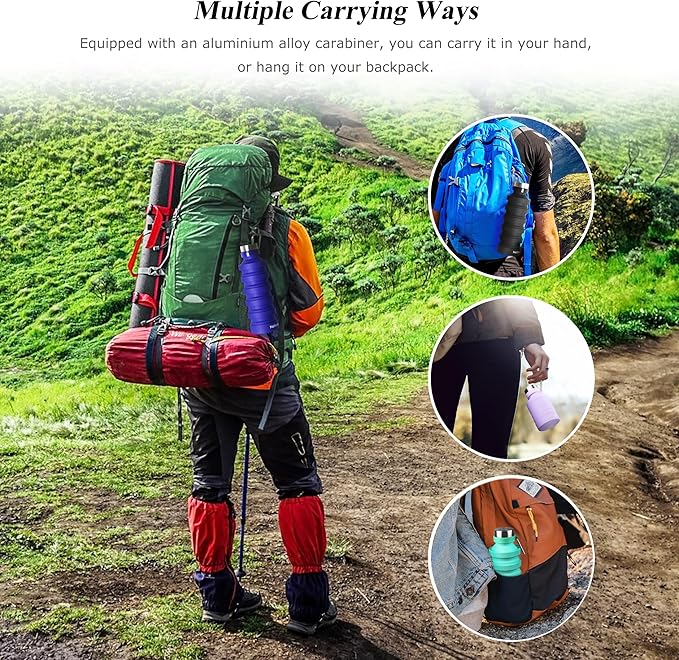 Nefeeko Collapsible Water Bottle, Reuseable BPA Free Silicone Foldable Water Bottles for Travel Gym Camping Hiking, Portable Leak Proof Sports Water Bottle with Carabiner