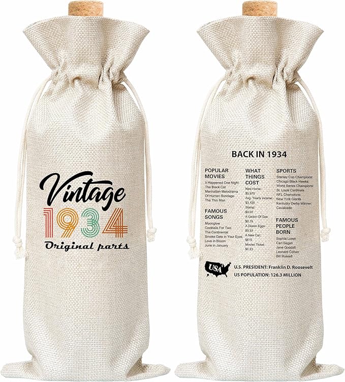 Tedea 90th Birthday Wine Gift Bag, Retro Vintage Back In 1934 Birthday Gift Wine Bag For Women Men, Best Friend, Coworker, Birthday Party Decorations, 1 Pc Wine Bag (G09)