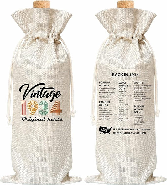 Tedea 90th Birthday Wine Gift Bag, Retro Vintage Back In 1934 Birthday Gift Wine Bag For Women Men, Best Friend, Coworker, Birthday Party Decorations, 1 Pc Wine Bag (G09)