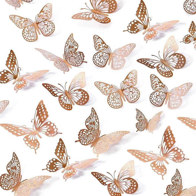 SAOROPEB 3D Butterfly Wall Decor, 48 Pcs 4 Styles 3 Sizes, Removable Metallic Wall Sticker Room Mural Decals for Kids Bedroom Nursery Classroom Party Decoration Wedding Decor DIY Gift (Rose Gold)